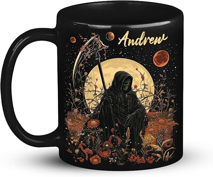 Custom Name Coffee Mug, Halloween Inspired Ceramic Cup 11oz 15oz, Personalized Spooky Reaper Coffee Cup, Halloween Character White Mug with Moon and Floral, Gifts for Men, Women-Ruum Studio Home