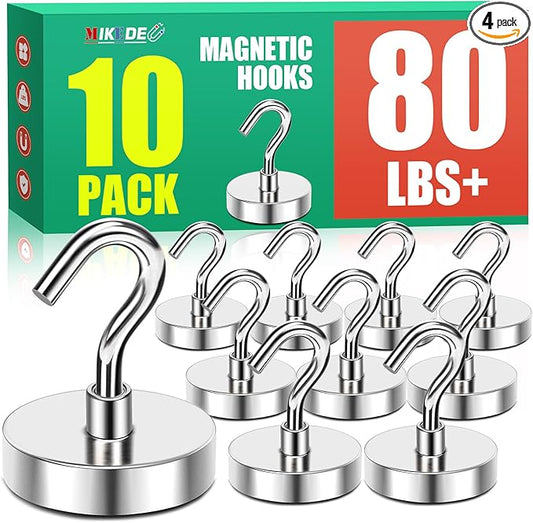 MIKEDE Magnetic Hooks, 80 Lbs Heavy Duty Earth Magnets with Hooks for Cruise Cabin, 10 Pcs Strong Locker Magnetic Hooks for Hanging, Metal Magnetic Hanger for Classroom, Grill, Fridge, Kitchen-Ruum Studio Home