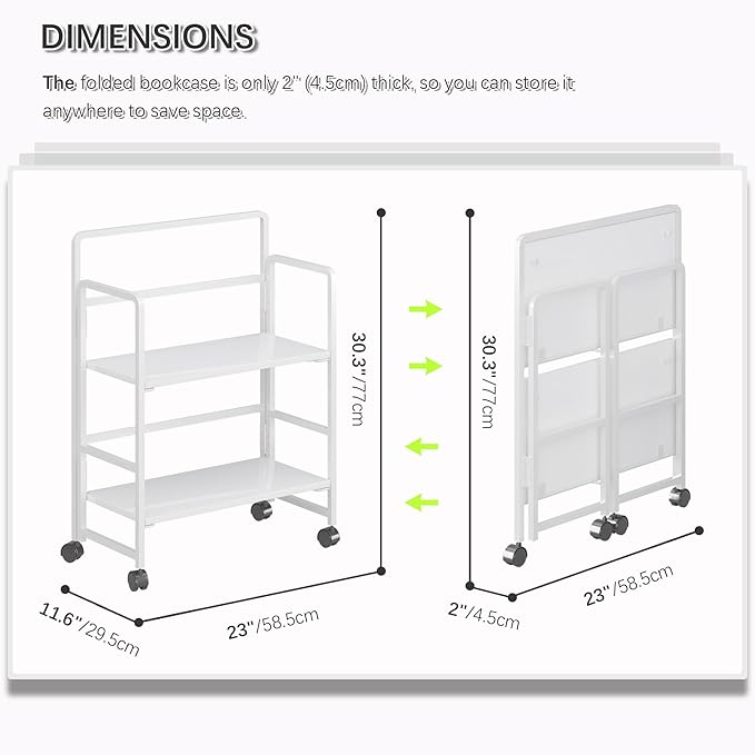 4NM 2 Tiers No-Assembly Folding Bookshelf with Wheels, Portable Rolling Storage Bookcase & Compact Side Table for Living Room, Bedroom, Kitchen, Bathroom (All White)-Ruum Studio Home