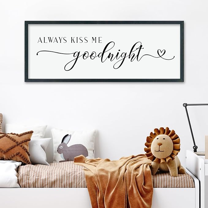 comurdyo Always Kiss Me Goodnight Sign for Bedroom Above bed Wall Decor 40''×15'' Large Wood Frame For Couples Over Bed Hanging Wall Art (Black)-Ruum Studio Home