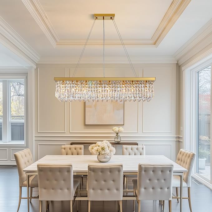 Modern Crystal Chandelier for Dining Room,Gold Luxury Crystal Chandelier,8 Lights Rectangular Rectangle Light Fixture for Living Room Kitchen Island L40''xW10''xH10''-Ruum Studio Home