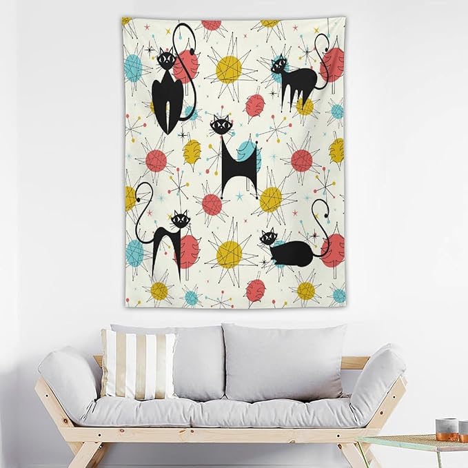 ICMOLYYENLO Abstract Cat Tapestry, Medieval Abstract Atomic Star Cat Vintage Home Wall Hanging Art Tapestry for Bedroom Living Room Dormitory 60x80 Inch-Ruum Studio Home