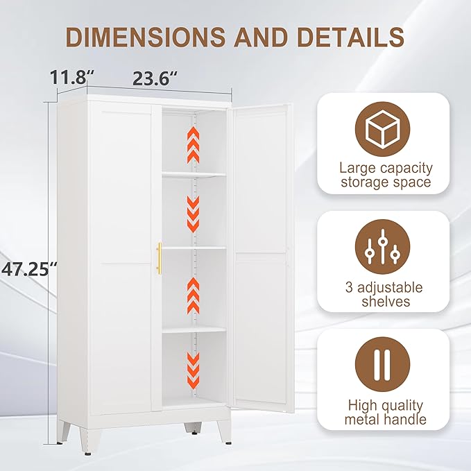 Metal Kitchen Pantry Storage Cabinet with 2 Doors and 3 Adjustable Shelves,Pantry Cabinet with Adjustable Leveling Foot for Kitchen, Living Room, Dining Room（White）-Ruum Studio Home