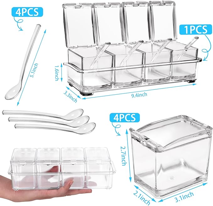 4-Cell Clear Seasoning Rack Spice Box, Storage Container Condiment Jars Acrylic Seasoning Box with Cover and Spoon (Enhanced Version Clear)-Ruum Studio Home