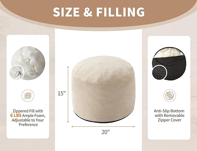 Pouf Ottoman Foot Rest 20"x15" Footstools and Ottomans Small with Filling Cream Small Beige Ottoman Foot Rest Ivory Poofy Ottom Stool Soft Poofs/Ottomans Furniture Living Room Ottom Footstool-Ruum Studio Home