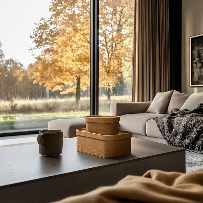 La Jolie Maison Vegan Leather Storage Boxes with Lids, Set of 3 Decorative Storage Containers Organize Stackable Storage Box, Camel-Ruum Studio Home