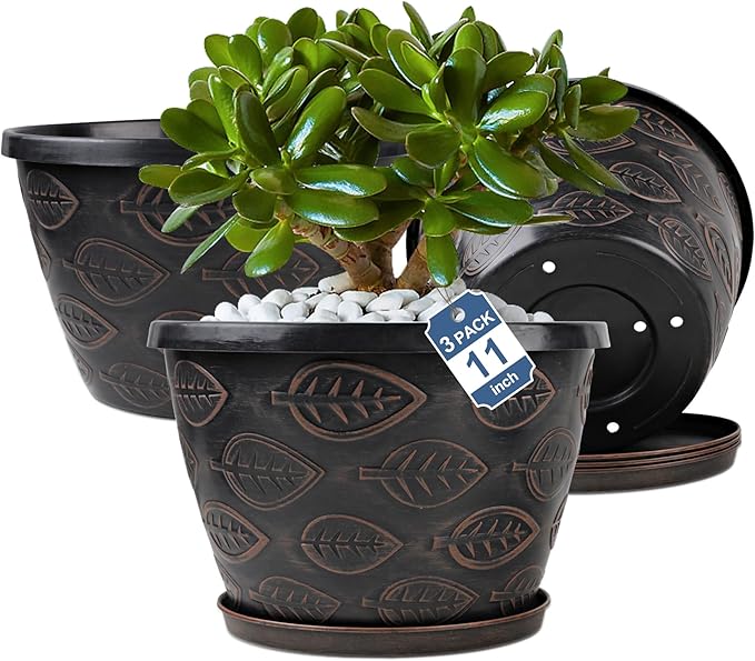 3 Pack Flower Pots Outdoor 11 Inch Plant Pots Indoor, Large-Plastic-Plant-Flower-Planters-Pots with Drainage Hole & Tray, Modern Decorative Garden Pot with Saucer(Brown)-Ruum Studio Home