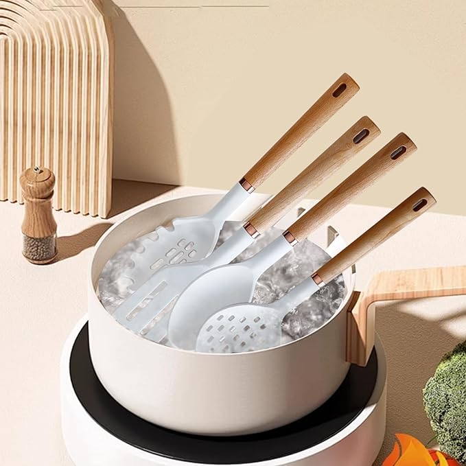 13-Piece silicone utensil set wood handle nonstick cookware safe dishwasher safe kitchen tools BPA free heat resistant (450°F/230°C) ceramic pan safe cooking gifts housewarming (White)-Ruum Studio Home