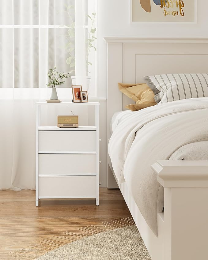 TUTOTAK Narrow Night Stand, Slim End Table, Tall Side Table with 3 Fabric Drawer, Small Bedside Table with Storage, Set of 2, for Living Room, Bedroom, White TB01BW072-Ruum Studio Home