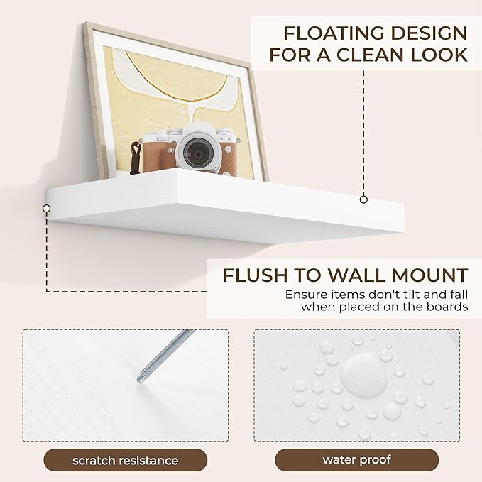 RICHFOCUS 16Inch Floating Shelves for Wall 2 Pack Shelves for Bedroom|Kitchen|Bathroom Wall Mounted Rustic Wood Floating Shelf with Invisible Brackets for Books|Storage|Decor, White-Ruum Studio Home