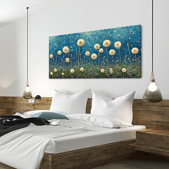 LASMOND Teal Dandelion Wall Art for Living Room Abstract Blowball Canvas Painting Prints Large Flower Floral Grassland Bedroom Decoration Modern Artwork Decor (40x20 Inches)-Ruum Studio Home