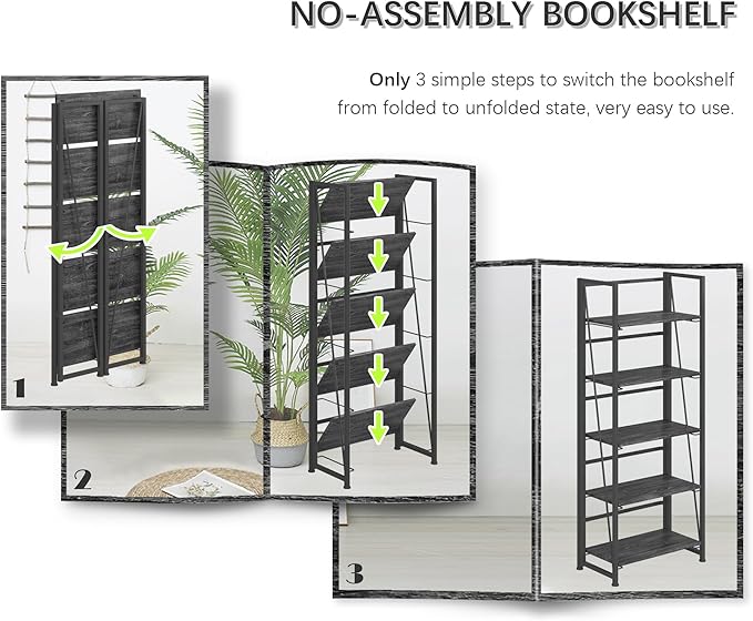 4NM No Assembly Foldable Bookshelf, 5-Shelf Collapsible Bookcase Storage for Small Spaces, 62.2" H, Gray and Black-Ruum Studio Home