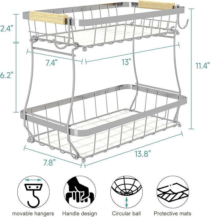 2 Tier Fruit Basket for Kitchen Counter with 2 Banana Hangers, 2025 Pro Detachable Metal Fruit Bowl with Wooden Handle,Fruit Holder for Bread Snack Veggies, Silvery-Ruum Studio Home