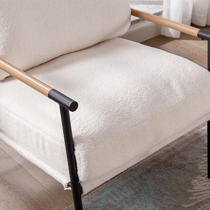 Mid-Century Accent Chair Set of 2, Soft Armchair Sherpa Fabric Lounge Chair with Black Metal Legs, Upholstered Leisure Chair for Living Room Bedroom Reception Room, White-Ruum Studio Home