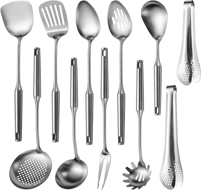 304 Stainlss Steel Kitchen Utensils Set, 11 Pcs Long Metal Cooking Utensil Gadgets Tools Set with Spatula, Ladle, Spoon, Ladle, Skimmer, Tunner, Pasta Server, Tongs(Silver, Dishwasher Safe)-Ruum Studio Home