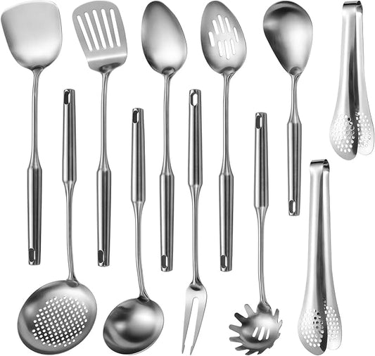 304 Stainlss Steel Kitchen Utensils Set, 11 Pcs Long Metal Cooking Utensil Gadgets Tools Set with Spatula, Ladle, Spoon, Ladle, Skimmer, Tunner, Pasta Server, Tongs(Silver, Dishwasher Safe)-Ruum Studio Home