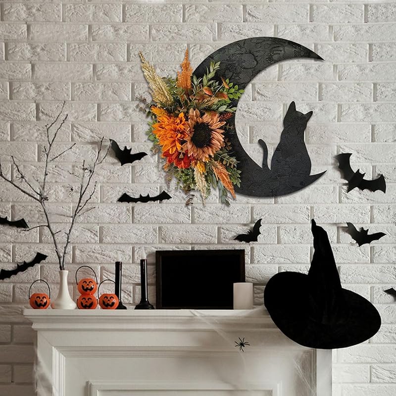 Halloween Wreaths for Front Door, Black Cat on Moon Garland with Rose Wreath Decor, Halloween Decorations Crescent Moon Wreath for Home Party Window Wall Indoor Outdoor (orange flower)-Ruum Studio Home