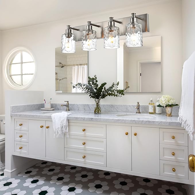 BONLICHT 4-Light Bathroom Vanity Light Fixture Brushed Nickel Industrial Wall Sconce Lighting with Hammered Glass Shade for Living Room Bedroom Hallway Porch Workshop Dressing Table-Ruum Studio Home