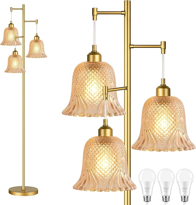 Gold Floor Lamp for Living Room,Bedroom,Tree 3 Light Standing Lamp Mid Century Modern Brass Tall Floor Lamps Vintage Retro Floor Lights Glass Green Flower Lamp Shade Farmhouse Boho Bohemian-Ruum Studio Home