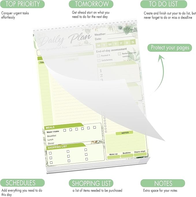Daily Plan Notepad, 52 Sheets 8.5" X 11.5" Daily for To-Do Lists, Habit Tracking, Academic Scheduling, and Productivity Goals - Perfect for Work, Home, and Office Organization| Tropical Green Floral-Ruum Studio Home