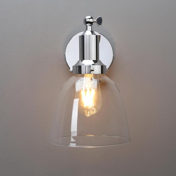 PERMO Industrial Vintage Wall Sconce Chrome Wall Sconce with 6.7" Oval Dome Clear Glass Shade Light Lamp Fixture-Ruum Studio Home