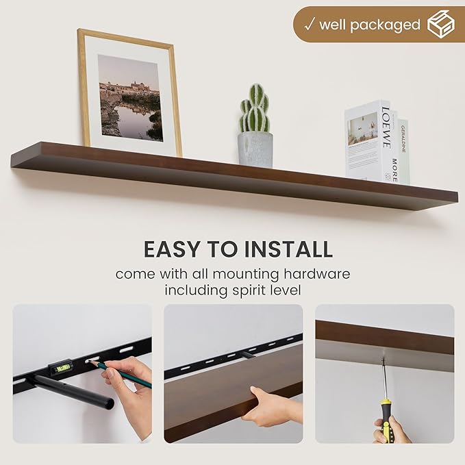 Floating Shelves 55 Inches Long - 8 Inch Deep Rustic Solid Pine Wood for Storage - Farmhouse Wall Mounted for Living Room - Heavy-Duty Metal Bracket - 55" W x 8" D - American Walnut Color-Ruum Studio Home