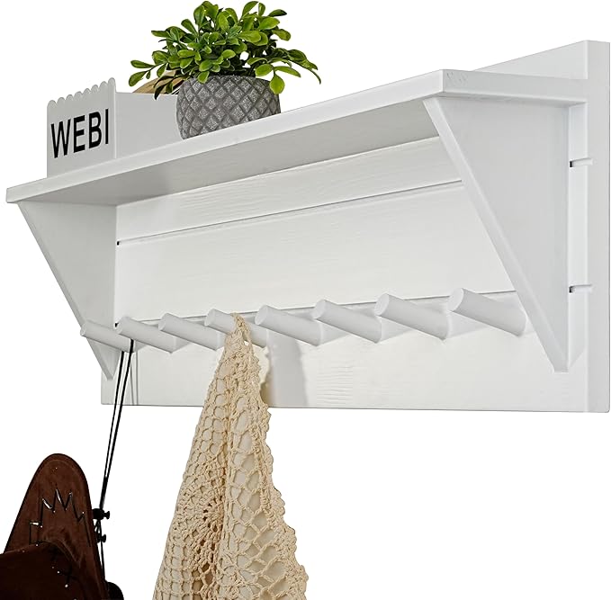 WEBI Coat Rack Wall Mount with Shelf,8 Peg Hooks,34" Long Entryway Wall Shelf with Hooks Underneath for Hanging Coats,Caps,Jacket,Clothes,White-Ruum Studio Home