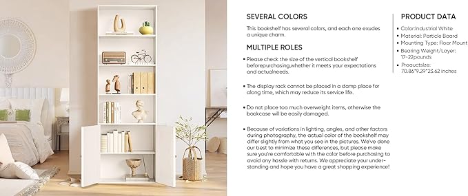 Tall White Bookcase with Doors – Wooden Bookshelf with Storage Cabinet & Shelves for Living Room, Bedroom, or Office-Ruum Studio Home