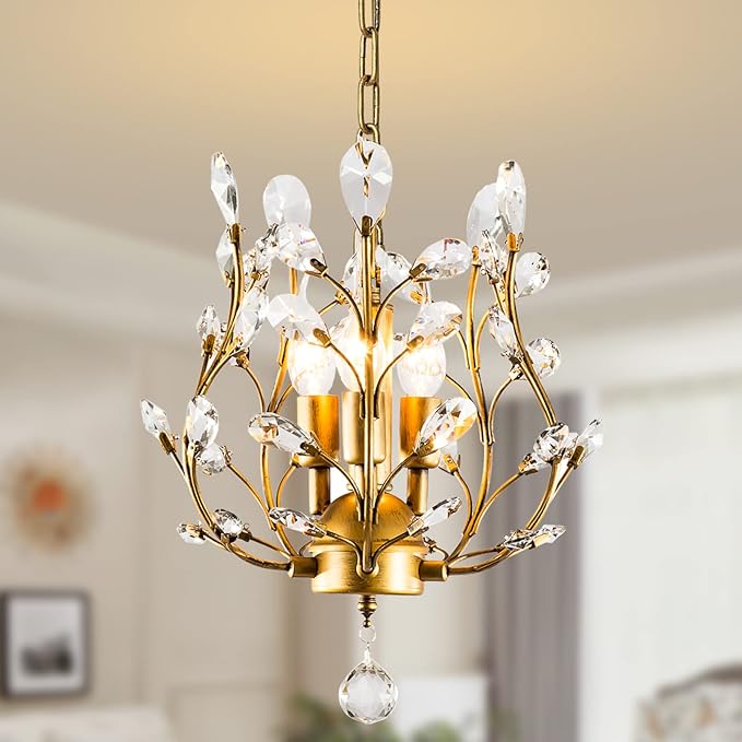 Ganeed Crystal Chandeliers,K9 Crystal Pendant Light with 3-Light Chandelier Lighting Fixtures,Ceiling Light for Living Room Bedroom Restaurant Hallway (Gold)-Ruum Studio Home