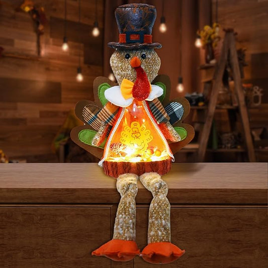 Lighted Christmas Doll, Plush Light Up Christmas Doll Toy Holiday Present, Battery Operated Xmas Gifts Winter Mantle Tabletop Decor (Brown Thanksgiving Turkey 16in)-Ruum Studio Home