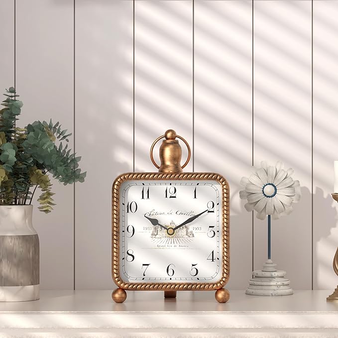 Vintage Gold Table Clock on Stand, Desk and Shelf Decor Clock, French Rustic Style Non-Ticking Mantel Clocks for Farmhouse, Living Room, Bedroom, Bedside, Gift (8.5" H x 5.5" W)-Ruum Studio Home
