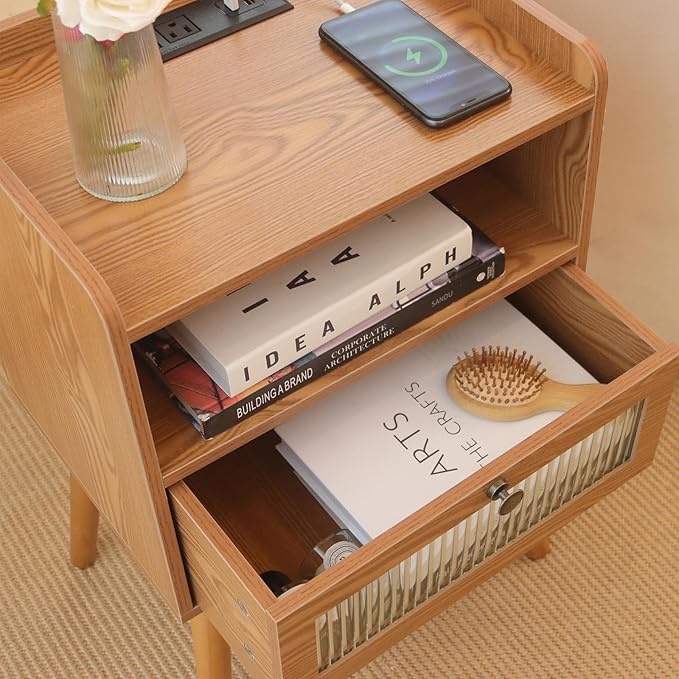AWASEN Mid Century Nightstand with Charging Station, Modern Bedside Table with Glass Decorative Drawer, Small End Side Table with 2 Tiers Storage for Bedroom, Office and Small Space(Brown)-Ruum Studio Home