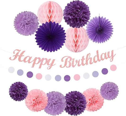 Purple Pink Birthday Party-Decorations Paper-Flowers - 14pcs Happy Banner Lavender Lanterns Tissue Pom Poms,Lilac Streamers Garland Fans Honeycomb,Women Girls Adult Kids Hanging Supplies Decor Hugfond-Ruum Studio Home
