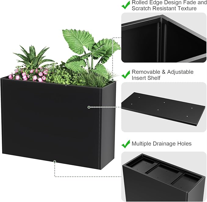 Tall Metal Cube Planter for Outdoor Plants 30" L x 12" W x 24" H, Heavy Duty Steel Large Planter Box with Removable Insert Shelf, Modern Décor for Tall Plants, Trees, Flowers (Black)-Ruum Studio Home