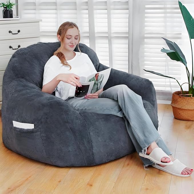 Giant Bean Bag Chair, Oversized Bean Bag Chairs for Adults and Kids, Gaming Chair Stuffed Memory Foam | Storage | Non-Slip, Removable Bean Bag Sofa Comfy Chair for Bedroom, Livingroom (Grey)-Ruum Studio Home