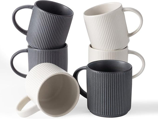 famiware Coffee Mug Set for 6, Star 12 oz Catering Mugs Cup Set with Handle for Coffee, Tea, Cocoa, Milk - Ceramic Stoneware Drinkware Set, Matte White + Matte Black-Ruum Studio Home