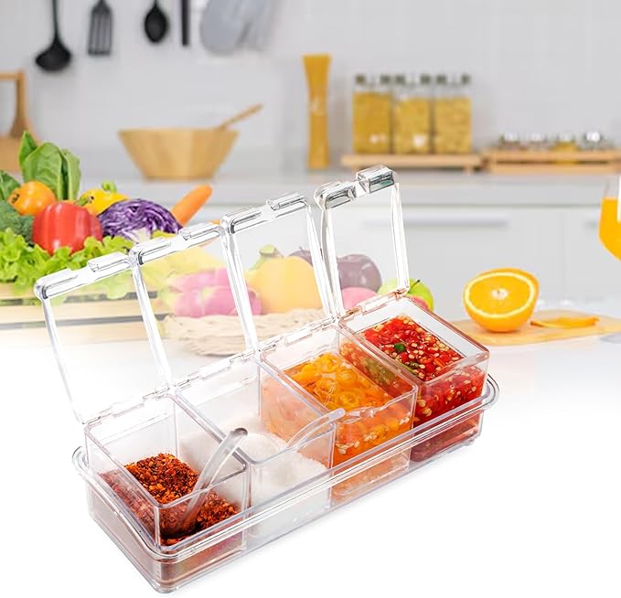 Clear Seasoning Box, 4 Piece Seasoning Rack Spice Pots, Plastic Storage Container Condiment Jars with Lids and Spoon, Storage Container Spice Jar for Salt Sugar Tea Herbal Coffee Beans-Ruum Studio Home