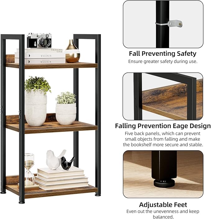 NUMENN Narrow Bookshelf, 3 Tier Bookshelves, Home Office Bookcase Shelf Storage Organizer, Free Standing Storage Shelving Unit for Bedroom, Living Room and Home Office, Vintage-Ruum Studio Home