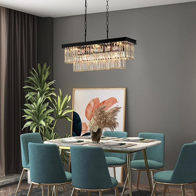 Black Crystal Chandeliers for Dining Room Light Fixtures Over Table，9-Lights Modern Rectangle Chandeliers for Kitchen Island Bar L28 Inch-Ruum Studio Home