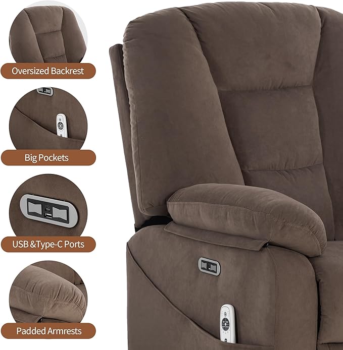 Power Swivel Rocker Recliner Chair for Adults,Rocking Recliners Chairs with Massage and Heat for Living Room, Electric Fabric Reclining Sofa Chair with USB and Type-C Port (Fabric Brown)-Ruum Studio Home