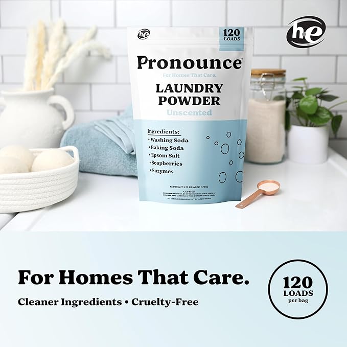 Pronounce Laundry Detergent Powder Alternative | Earth-Derived Ingredients, Eco-Friendly, Safer for Sensitive Skin, Eczema, and Babies. Stain + Smell Fighting. HE Safe (Unscented, 120 Loads)-Ruum Studio Home