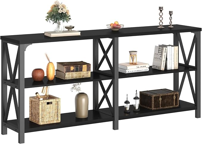 LVB Industrial Entryway Table, Farmhouse Rustic Console Tables Behind Couch, Long Metal Wooden Sofa Table with Storage Shelf, Modern Foyer Hallway Table for Living Room Bedroom, Black Oak, 63 in-Ruum Studio Home
