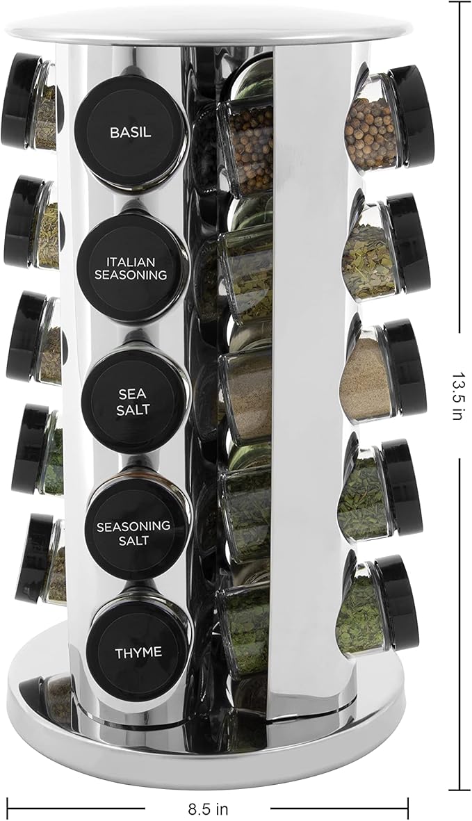 Kamenstein 20 Jar Revolving Countertop Spice Rack with Spices Included, FREE Spice Refills for 5 Years, Polished Stainless Steel with Black Caps, 30020 (Pack of 3)-Ruum Studio Home
