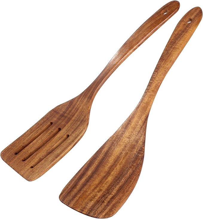 2 Pack Wooden Spatula, Acacia Wood Long Handle Flat Frying Turner, Handmade wooden spoons for cooking, Kitchen Utensil set, Non-Stick Cooking Spurtle Utensils for kitchen use-Ruum Studio Home