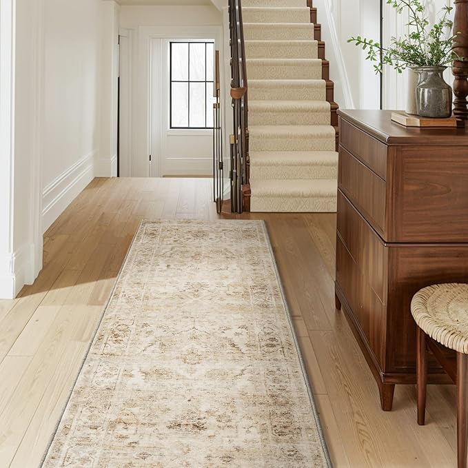 AMOAMI-2X10 Runner Rug-Washable Runners for Hallways-Soft Non Slip Bedside Rugs for Bedroom-Vintage Long Rug for Hallways Entryway Laundry Room Stair Kitchen Bathroom Beige-Ruum Studio Home