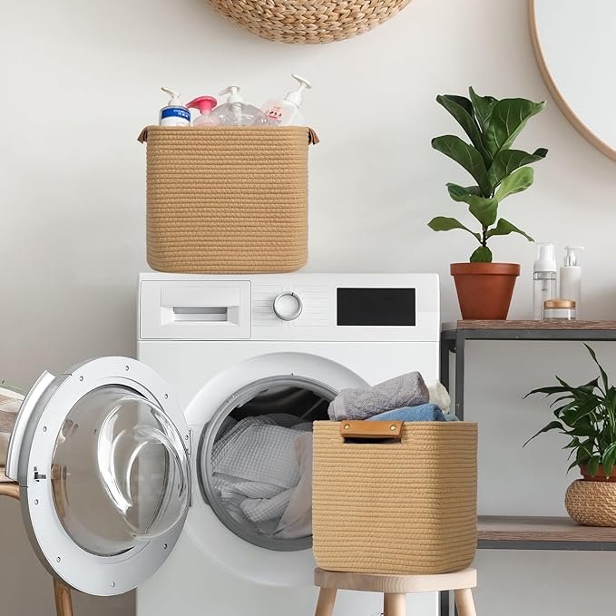 danpinera 3 Pack 11 Inch Woven Baskets for Storage, Stylish Storage Baskets for Shelves, Laundry, Bathroom, Kitchen, Cube Storage Bin, Cotton Rope Boho Baskets, Jute-Ruum Studio Home