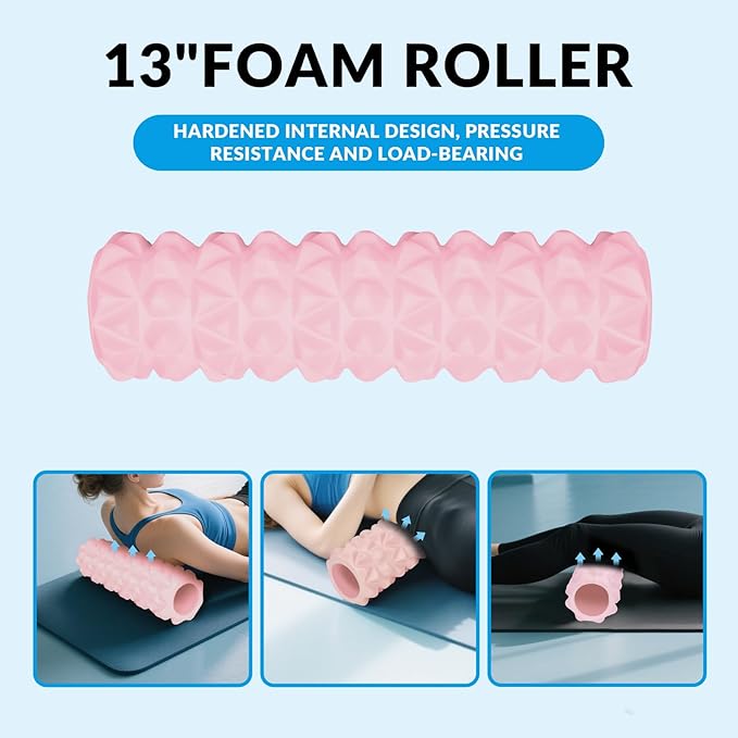 7 in 1 Foam Roller,Products Include Foam shafts,Muscle Roller Bars,Leg Massagers,Fascia Balls,Stretch Bands,8-Shaped Resistance Bands,are Used for Full-Body Relax,Yoga(White Pink Blue) (Pink)-Ruum Studio Home