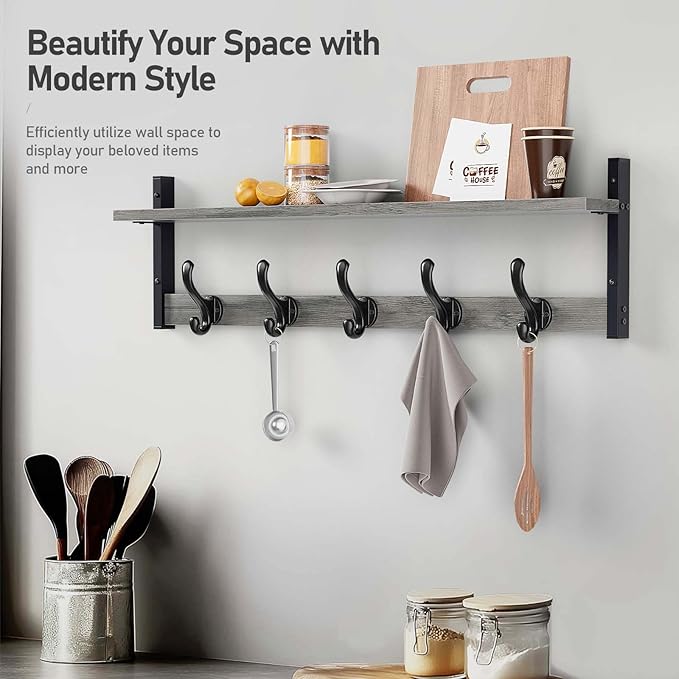 Tatub 29" Rustic Coat Rack Wall Mount with Shelf, Entryway Wall Hooks with Shelf and 5 Metal Hooks, Coat Hangers for Bathroom, Living Room, Bedroom, Kitchen, Grey-Ruum Studio Home