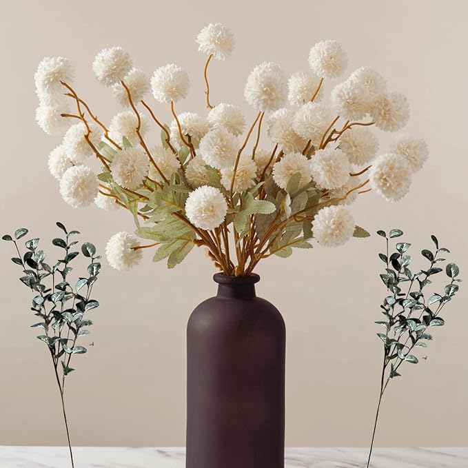 White Faux Flowers for Vase - Kiku 10 Stems & Eucalyptus, Fake Flowers Stems for Pottery Vase, Realistic Artificial Flowers, Pom Pom Balls for Aesthetic Room Decor, Floral Arrangements Centerpiece-Ruum Studio Home