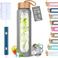 Aqulea Glass Water Bottles 32 Oz with Silicone Sleeve - BPA Free Reusable Wide Mouth Glass Motivational Water Bottles with Fruit Infuser – Leak Proof Borosilicate Water Bottle with Time Marker (Grey)-Ruum Studio Home